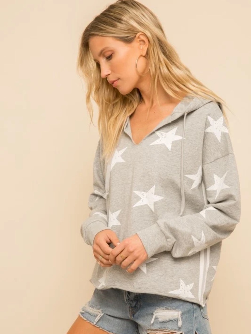 Hem & Thread Grey Hoodie White Stars Side Tape 100% Cotton Light Pullover Large